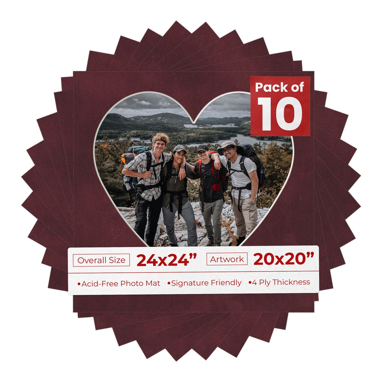 Dark Red Suede Mat Board for 24x24 Frames - Heart Opening for 20x20 Photos